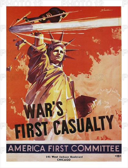 Second world war propaganda poster by the America First Committee titled 'War's First Casualty'