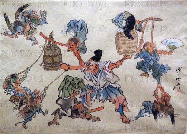 Painting titled 'Tengu harassing King S?j?b?' by Kawanabe Ky?sai