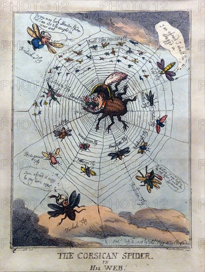 Hand-coloured etching titled 'The Corsican Spider in his Web' by Thomas Rowlandson