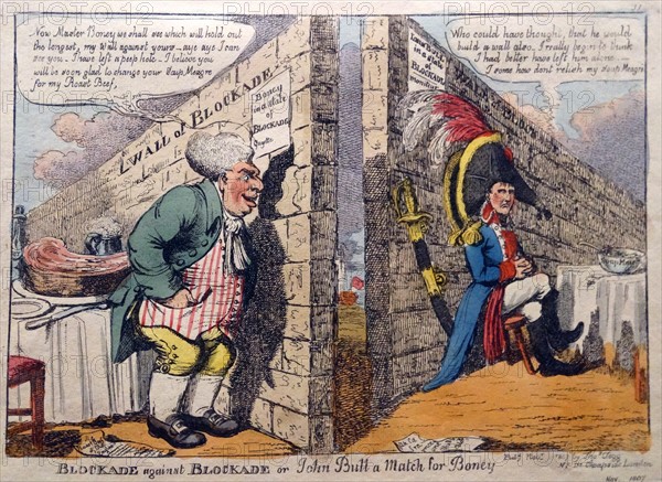 Hand-coloured etching titled 'Blockade Against Blockade' by Charles Williams