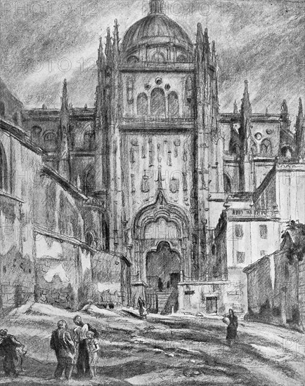Illustration depicting Salamanca Cathedral, Spain 1936. By Carlos Saenz de Tejada