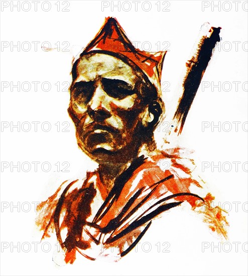 Illustration depicting Republican militiaman in Madrid 1937. By Carlos Saenz de Tejada