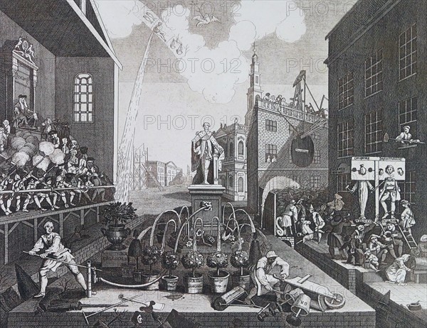 (Scene showing two criminals in a pillory or stocks in London