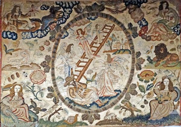 Jacob’s dream of a ladder going to Heaven. English work on satin, embroidered in silk and metal thread