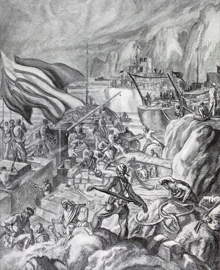 Spanish Republican sailors mutiny. Spanish Civil War illustration 1936