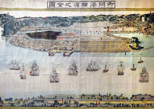 Colour woodblock print of the Complete Picture of the Officially Opened Port of Yokohama, near Edo (Tokyo)