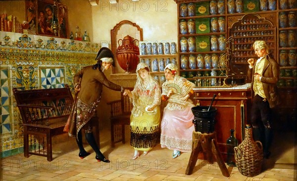 A medical practitioner taking a lady's pulse in a pharmacy' by Emili Casals I Camps