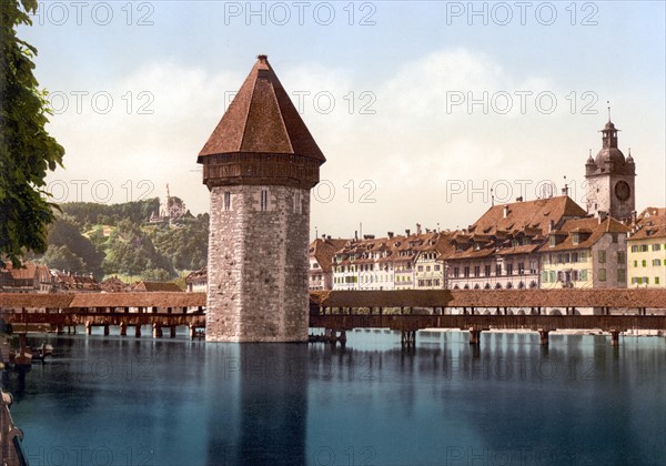 Photomechanical print of the Chapel Bridge and view of Pilatus