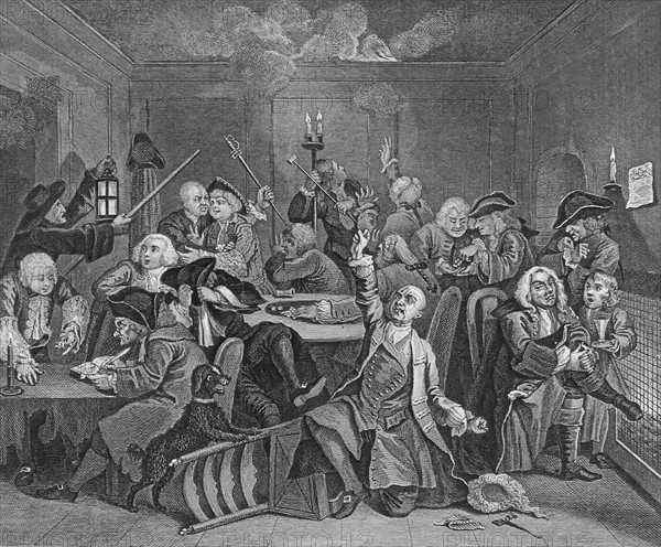 Engraving titled 'The Rake's Progress' by William Hogarth