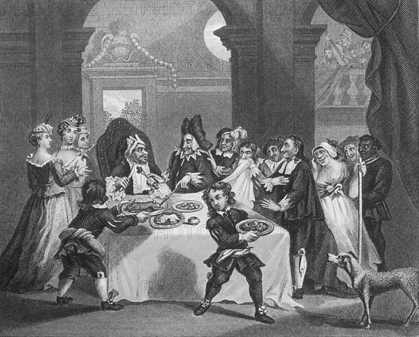 Engraving titled 'Sancho starved by his physician' by William Hogarth