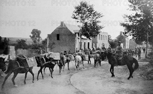 World war one: German soldiers transport provisions and supplies through Belgium 1914