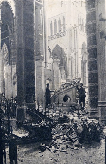 Photograph showing the aftermath of the bombing of the Cathedral of San Quintin