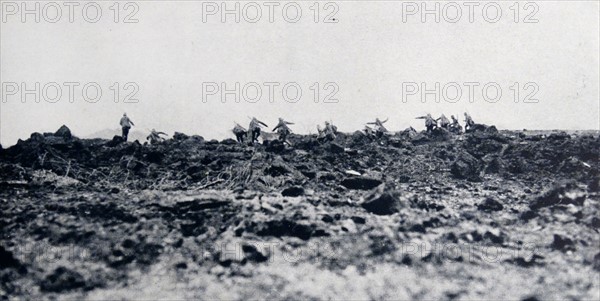 World war One: German troops run across a muddy terrain