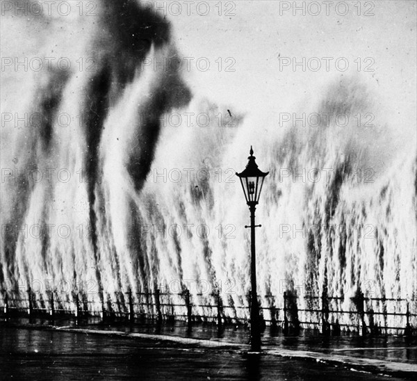 Waves striking a seawall