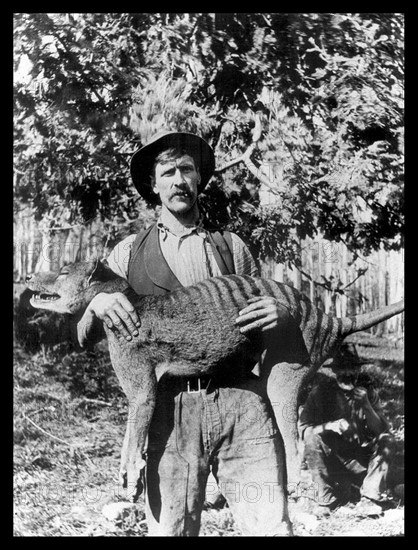 Australian hunter with Tasmanian Tiger