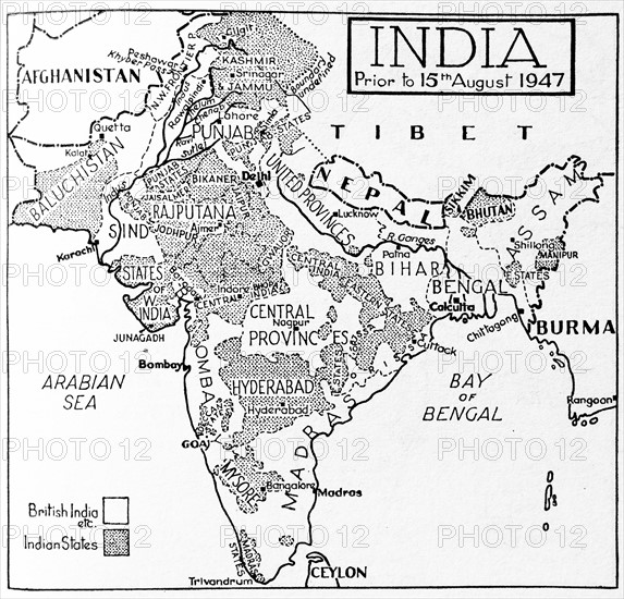 Map depicting India prior to August 1947