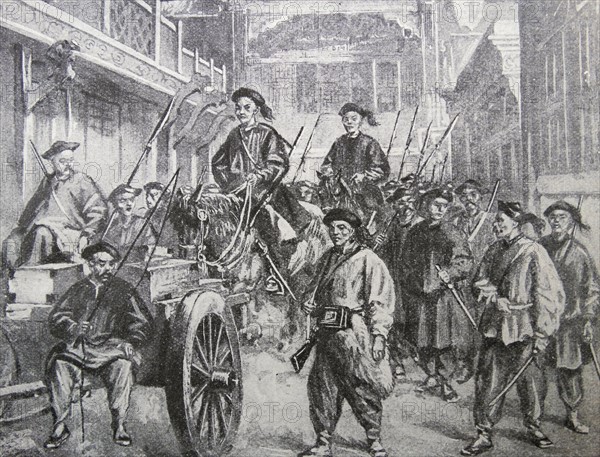 Engraving depicting the war indemnity transported and guarded into Tientsin