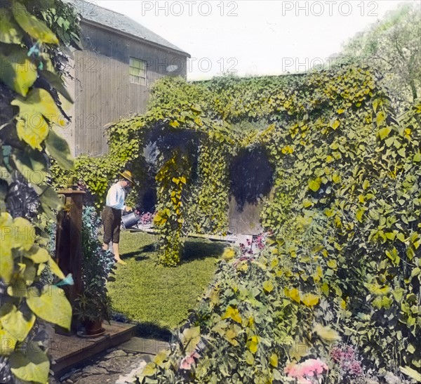 Hand-coloured glass lantern slide a garden