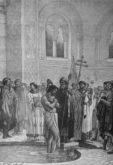 Engraving depicting the Baptism of Rollo the Pirate Chief