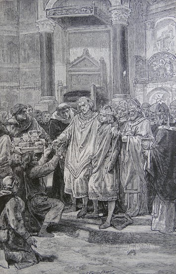 Engraving depicting King Louis VII of France distributing gold and silver to the church and the poor