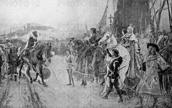 Engraving depicting the conquest of the last Moorish Kingdom in Spain