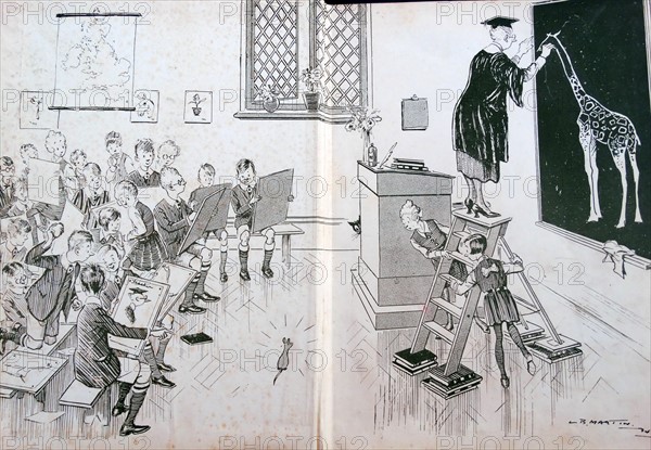 cartoon of a teacher drawing on a blackboard while the class descends into chaos. 1930