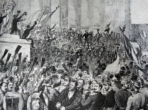 Engraving depicting Léon Gambetta proclaiming the Republic at the Palace of the Corps Legislatif