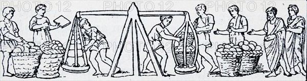 Woodcut depicting Roman slaves weighing produce