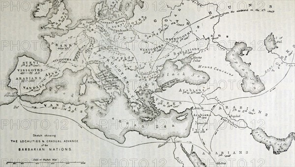Map illustrating the localities of origin or occupation, and gradual advance of the Barbaric Nations
