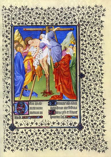 Illumination depicting the descent from the cross from the Belles Heures of Jean de France