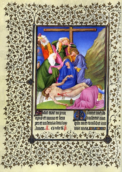 Illumination depicting the Lamentation from the Belles Heures of Jean de France