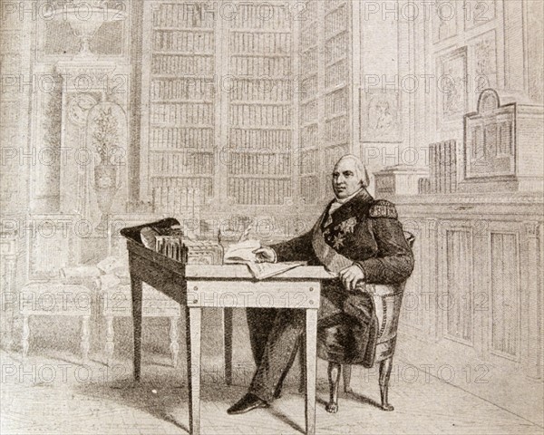 Illustration of King Louis XVIII of France drawing up the 'Charta' at St. Ouen