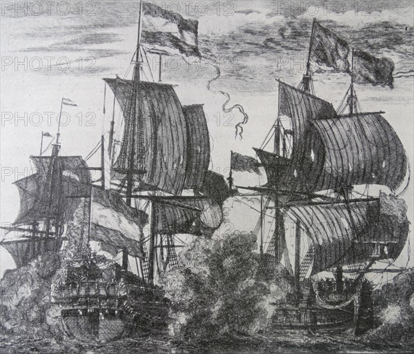 Spanish and Dutch ships in sea battle 17th century
