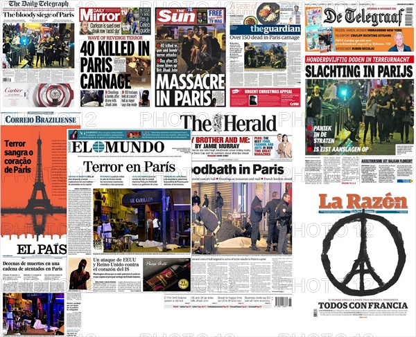 international newspaper front pages covering the November 2015 Paris attacks