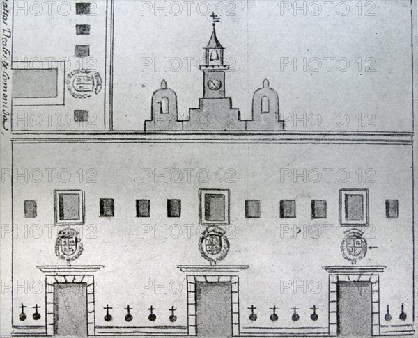 Engraving depicting the Façade of the National Palace in Mexico