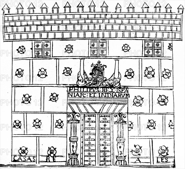 Woodcut depicting the Façade of the National Palace in Mexico