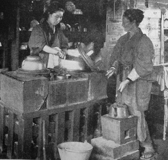 Painting depicting a bedroom and kitchen in a Japanese House