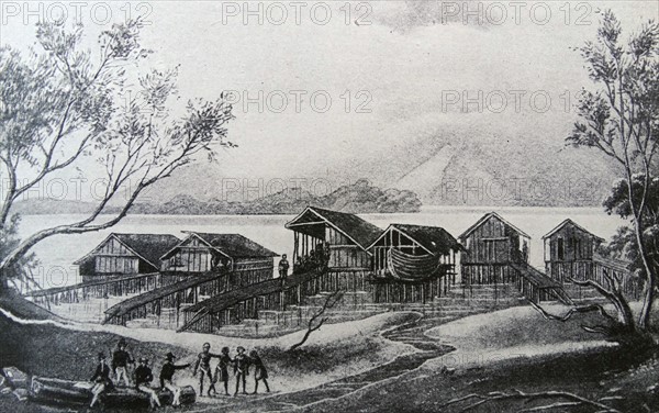 Engraving depicting the lake dwellings in New Guinea
