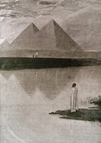 Illustration depicting an Egyptian looking out over the Nile toward the pyramids of Egypt