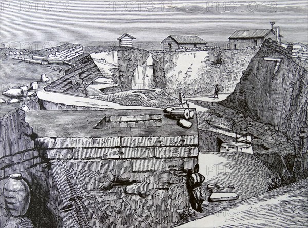 Engraving depicting the excavations in the Temple of Athena at Troy