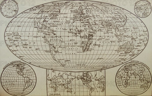Modern representation of the world shown on three different projections