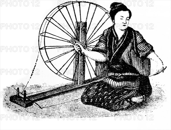 Woodcut drawing of a Japanese peasant woman reeling silk