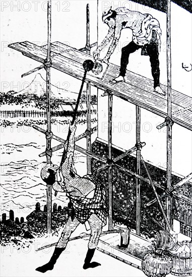 Japanese woodcut showing 18th century traditional plastering on a house under construction