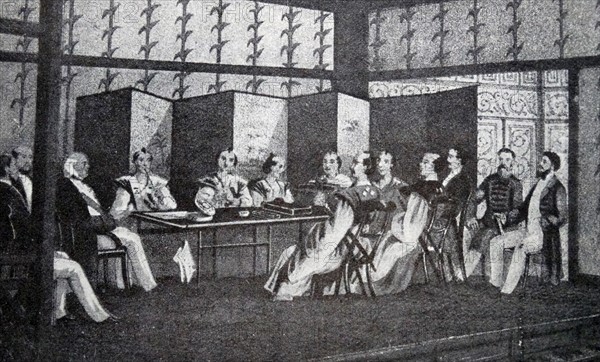 Illustration depicting Japan's first treaty of Commerce with Great Britain
