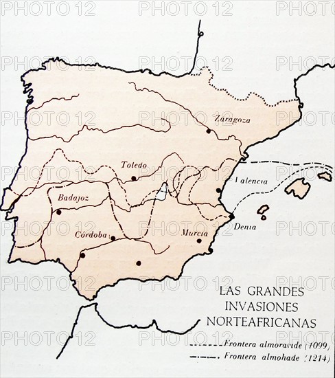 Map showing moslem invasions of Spain between 1099-1214 AD