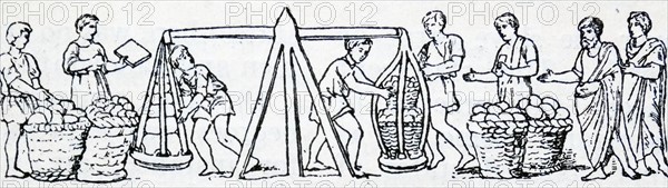 Drawing depicting Roman traders using weighing scales for baskets of goods