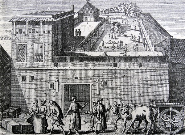 Woodcut depicting a trading office