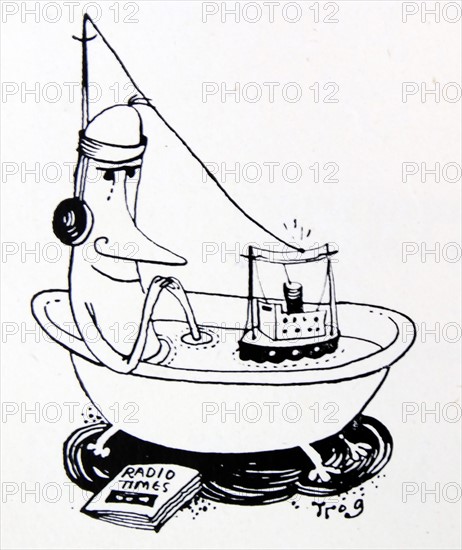 Cartoon of a man in a bath with a floating radio