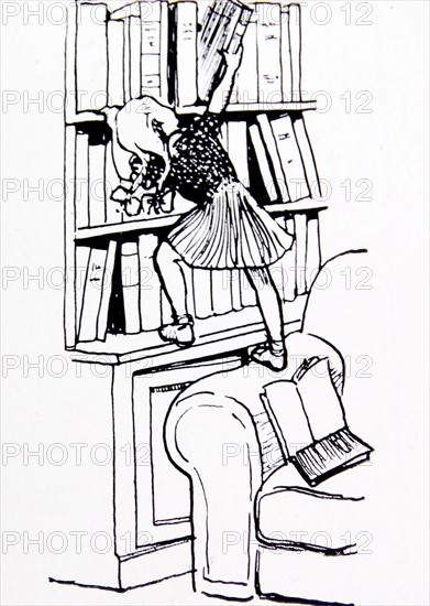 Illustration of a young girl standing on an armchair