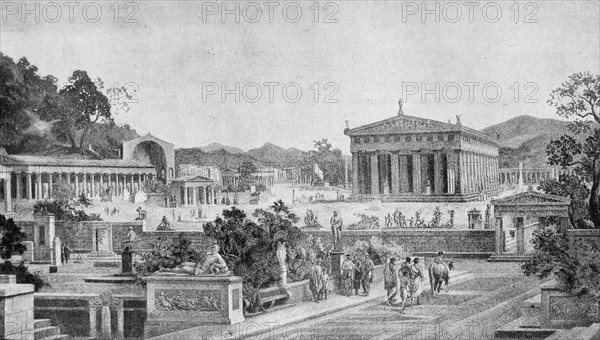 Illustration depicting the sacred enclosure at Olympia, Greece